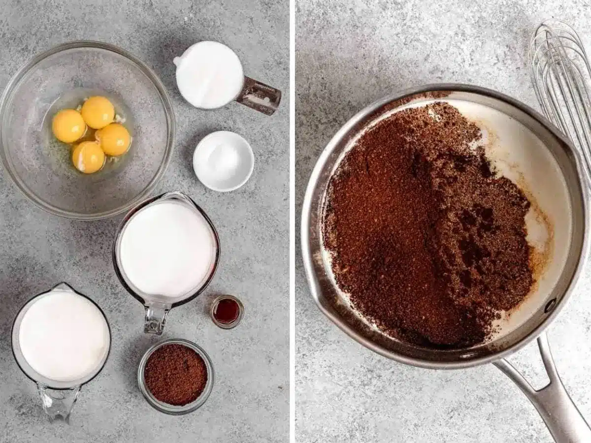 collage of ingredients in measuring cups and ingredients poured into pot