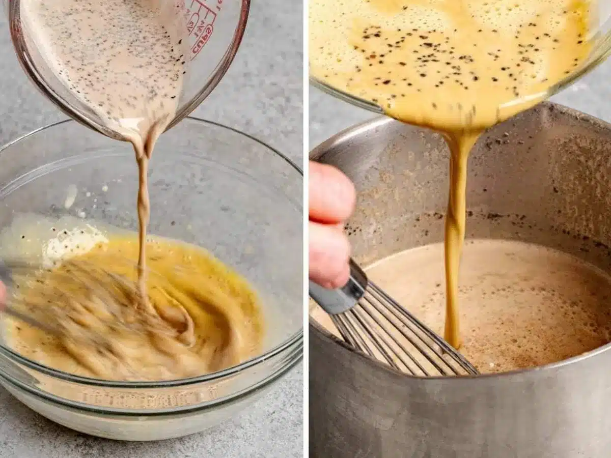 collage of pouring ingredients into a bowl and pouring ingredients into a pot