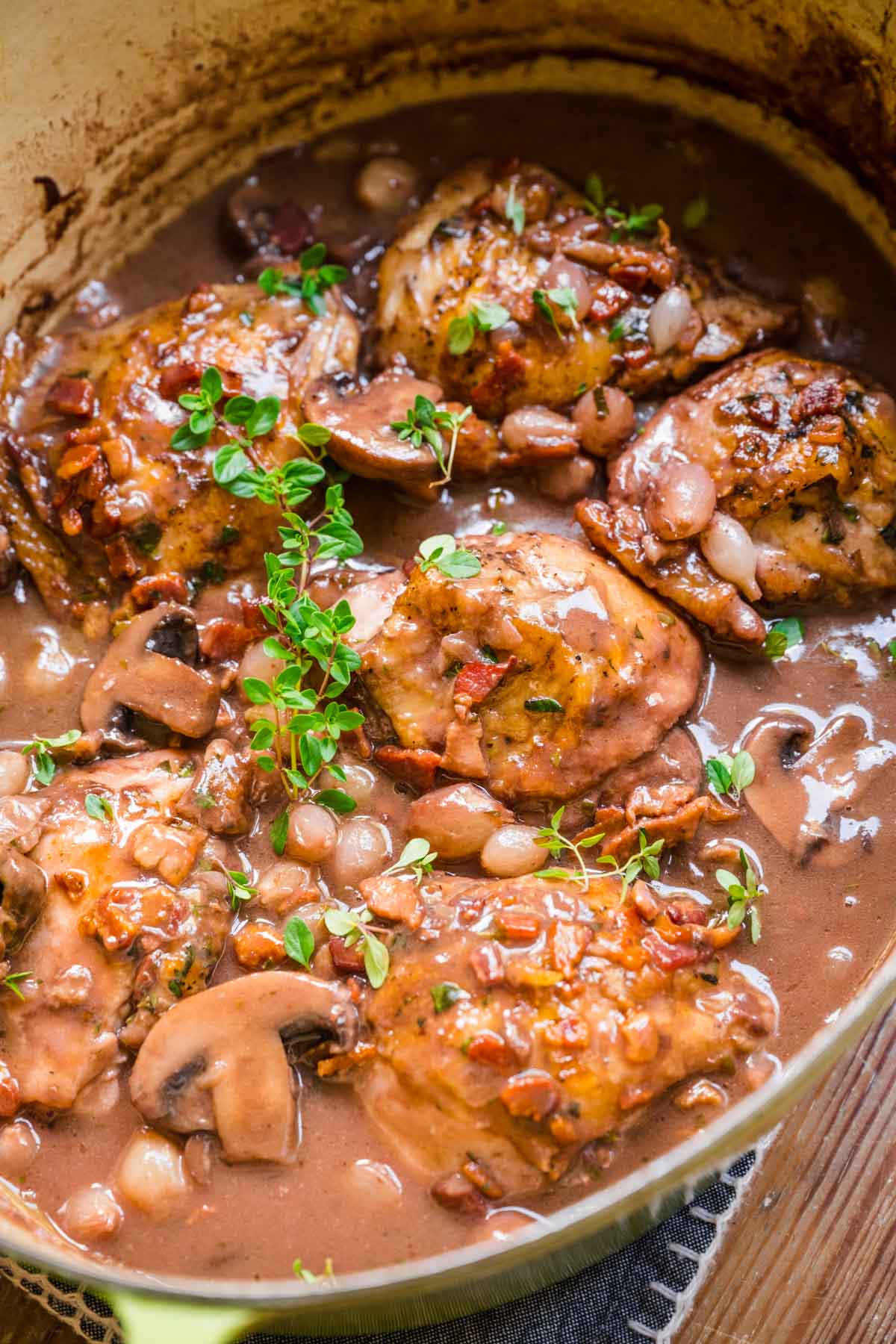 Coq Au Vin in cooking pot