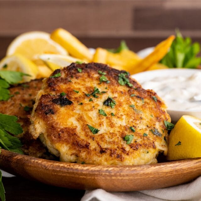 Side view of dinner plate with crab patties and fries