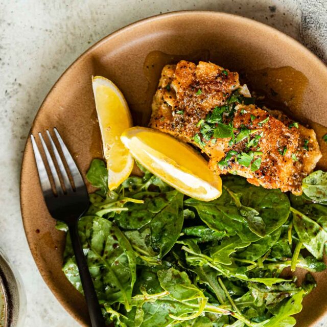 Aerial view of Fish on serving plate