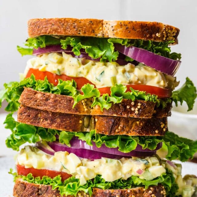 Sandwich stacked on serving plate 4x3