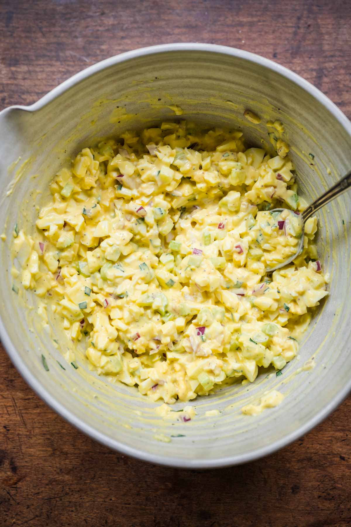 Egg Salad Sandwich egg salad in mixing bowl