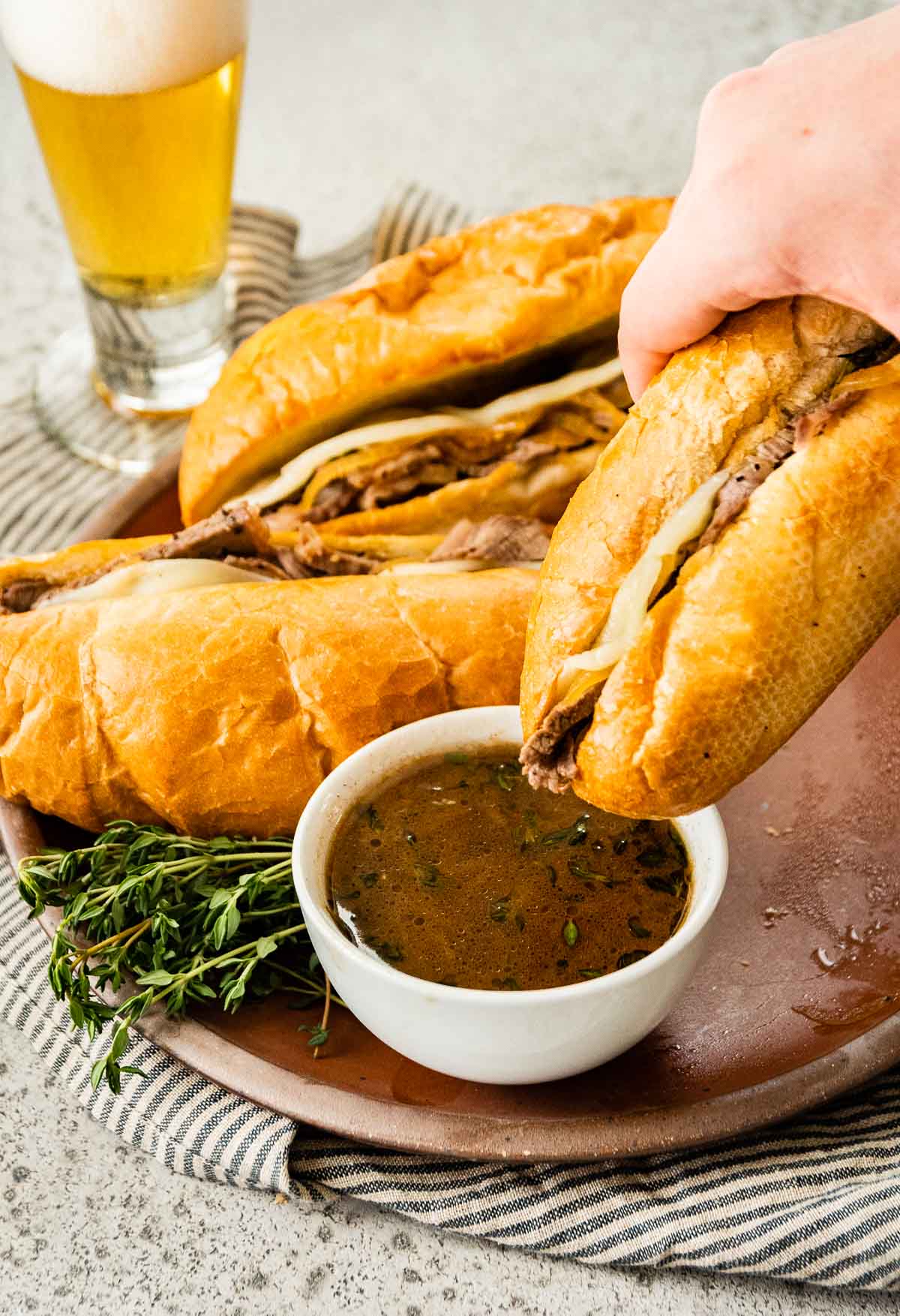 French Dip Sandwiches on serving platter