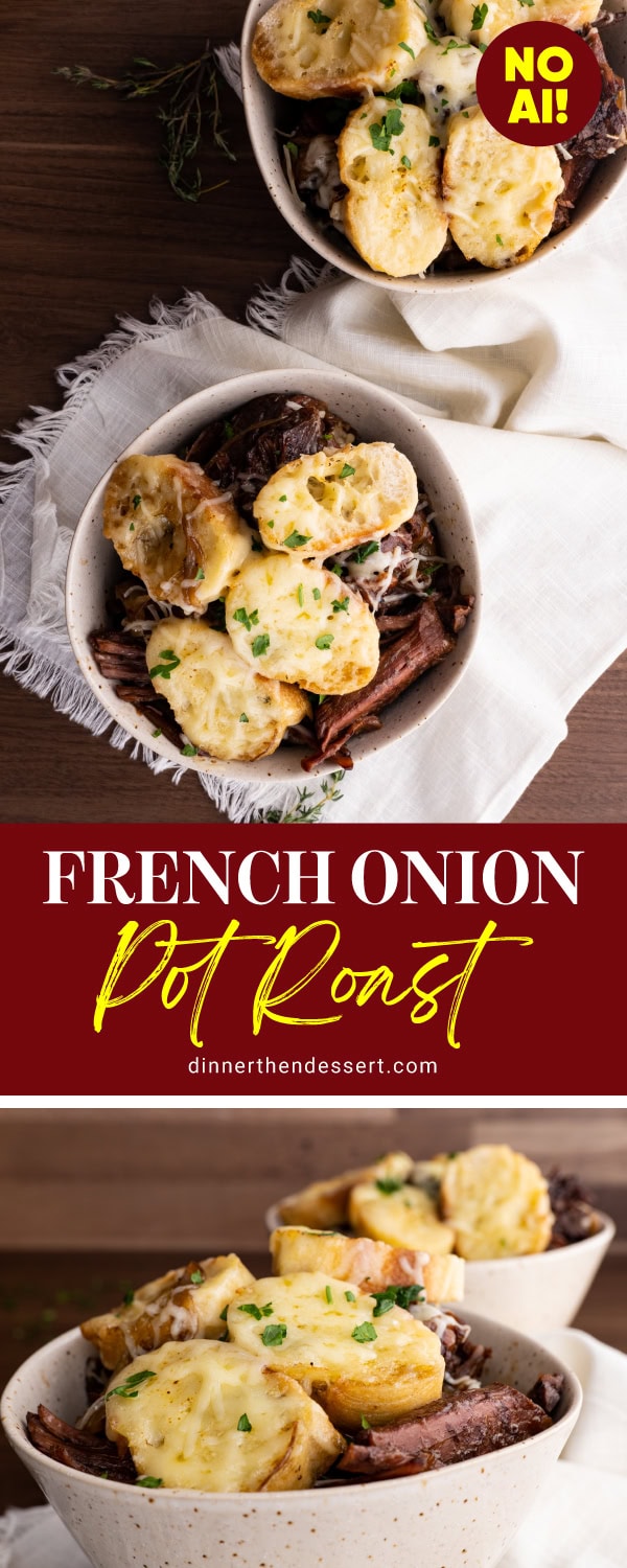 Collage of pot roast with red banner in the center