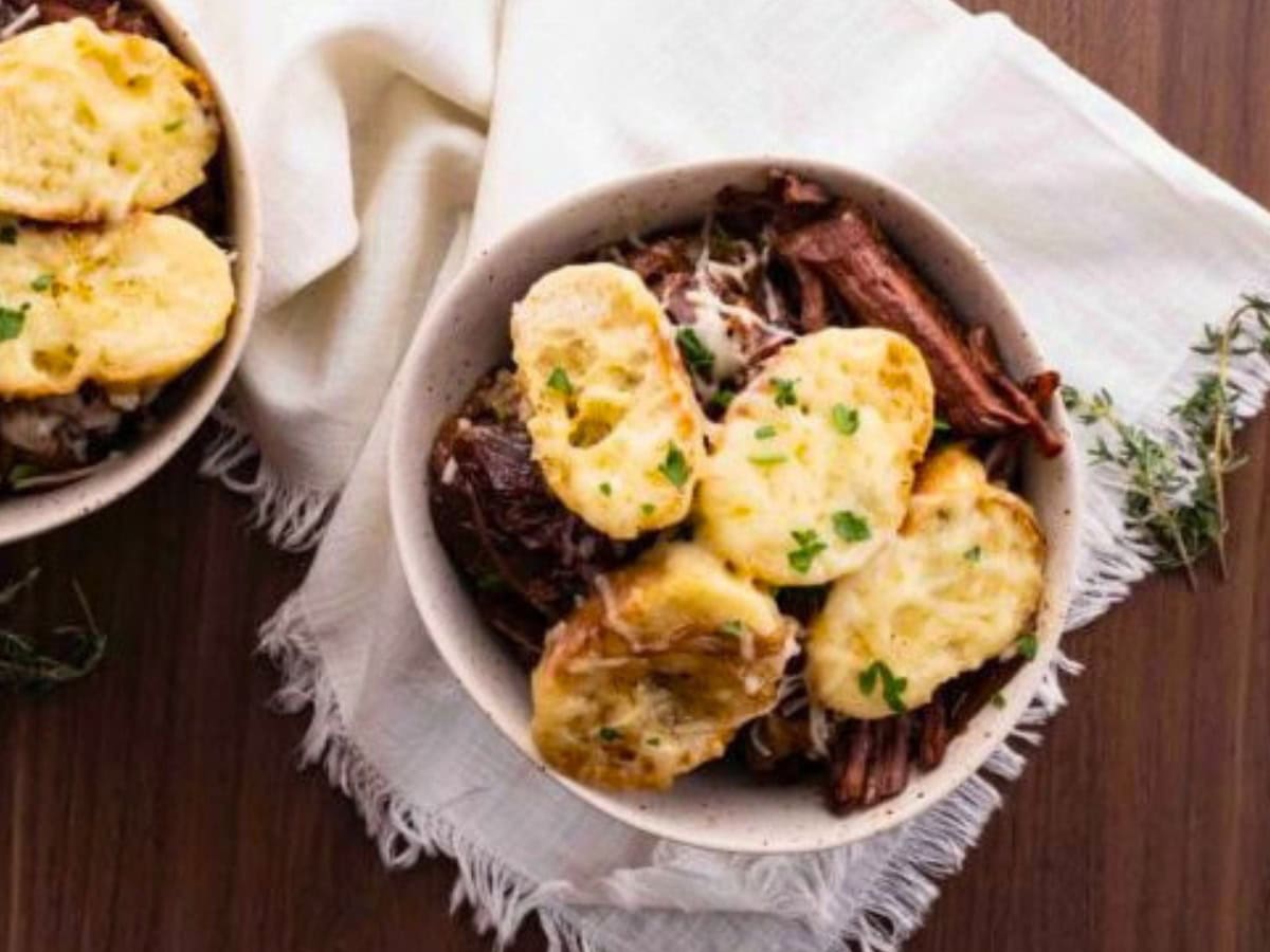 Pot roast in a bowl photographed from above