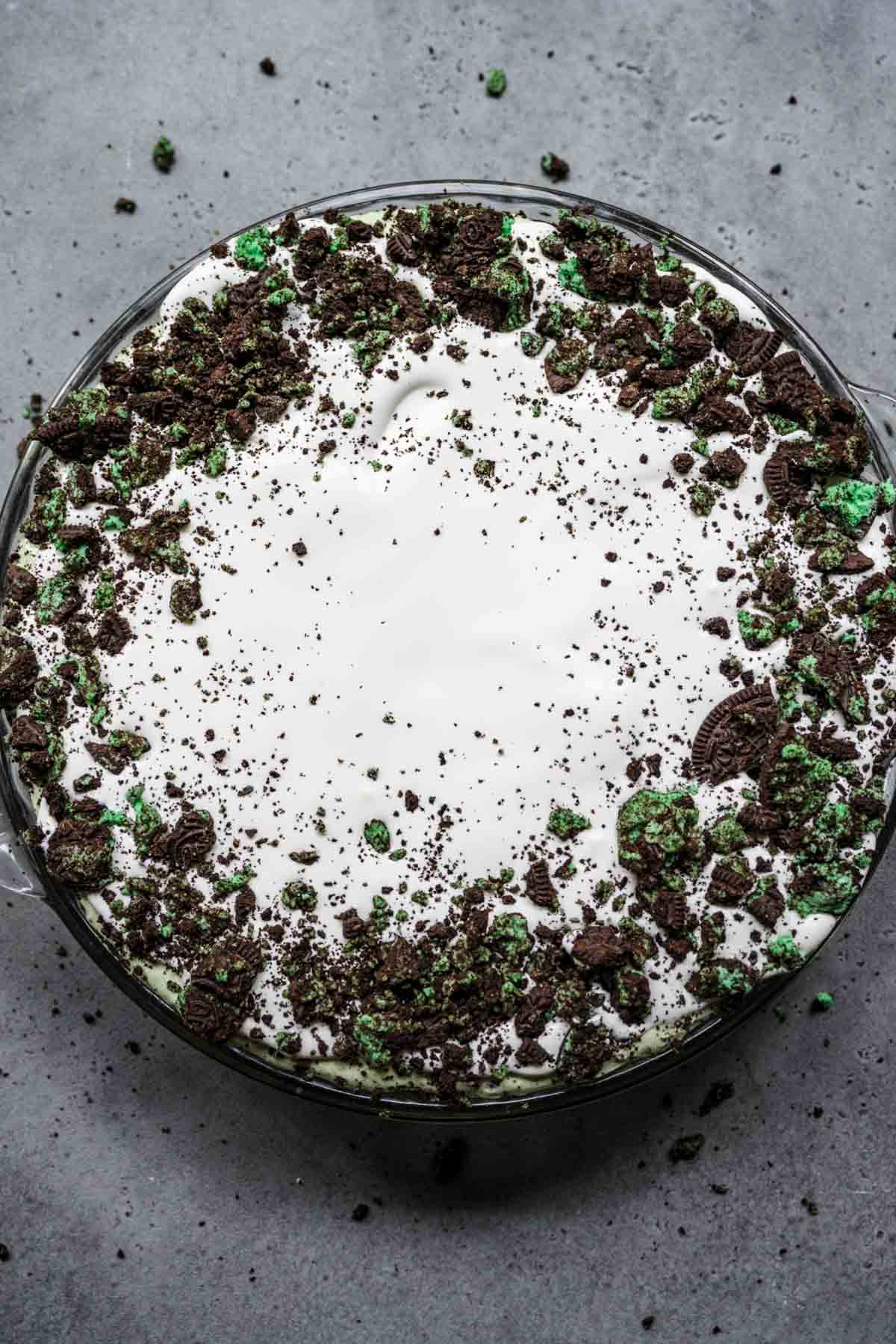 Grasshopper Pie in pie plate with garnish