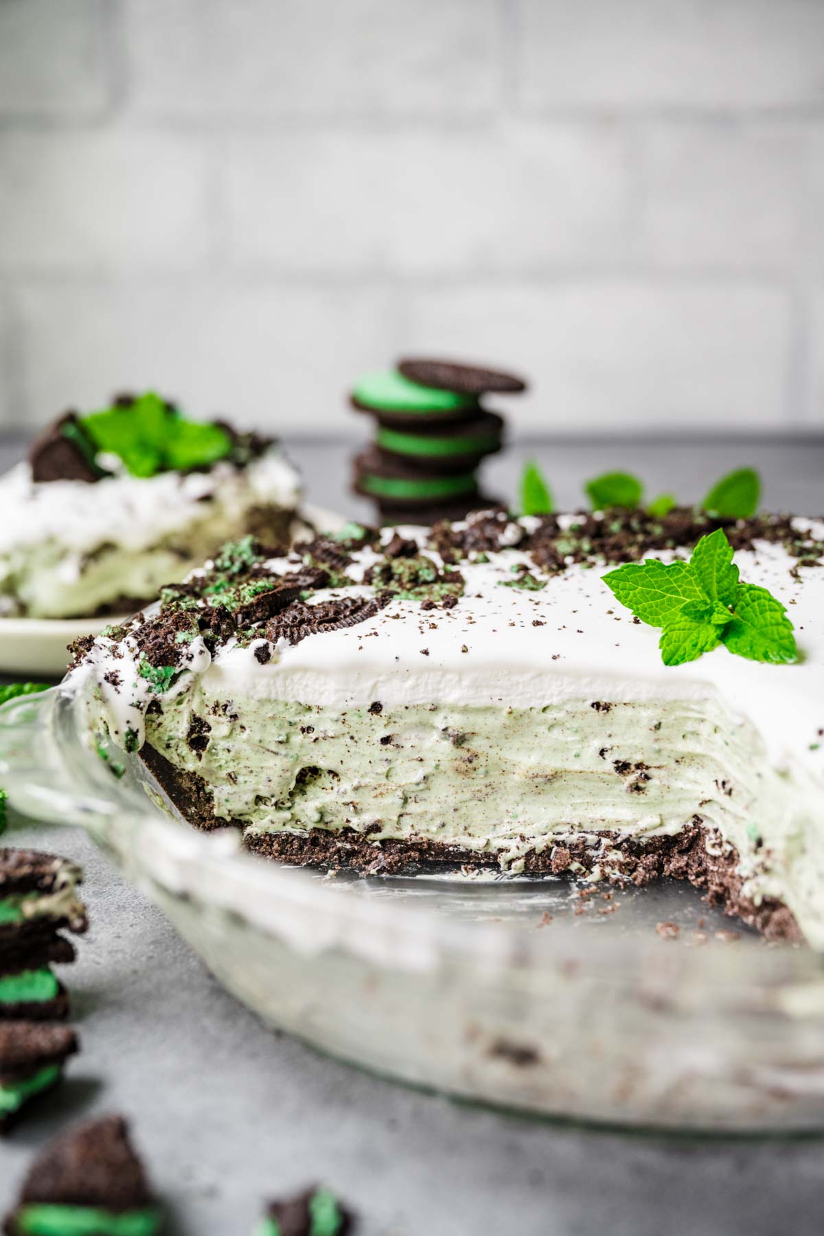 Grasshopper Pie sliced in pie plate