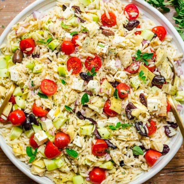 Greek Orzo Salad on serving platter 1x1