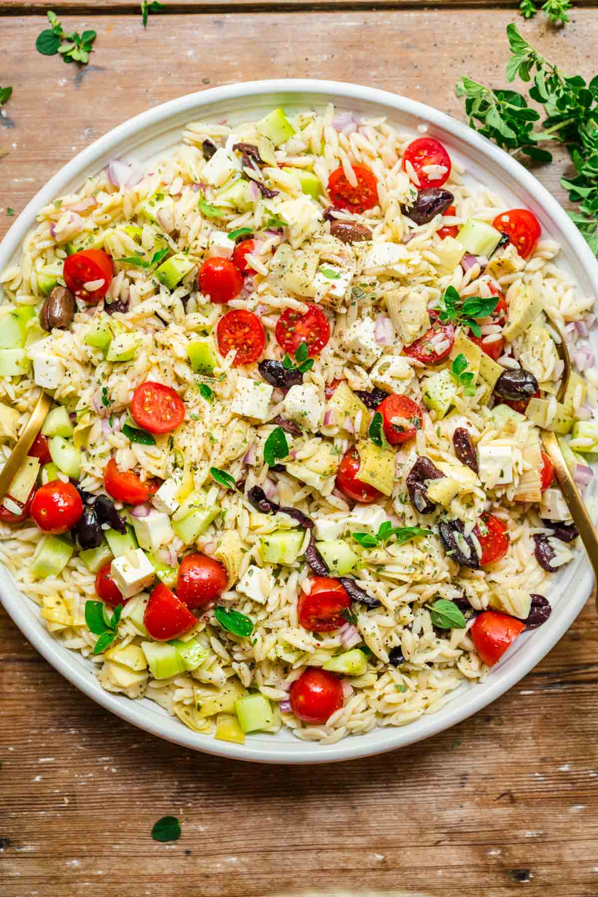 Greek Orzo Salad on serving platter