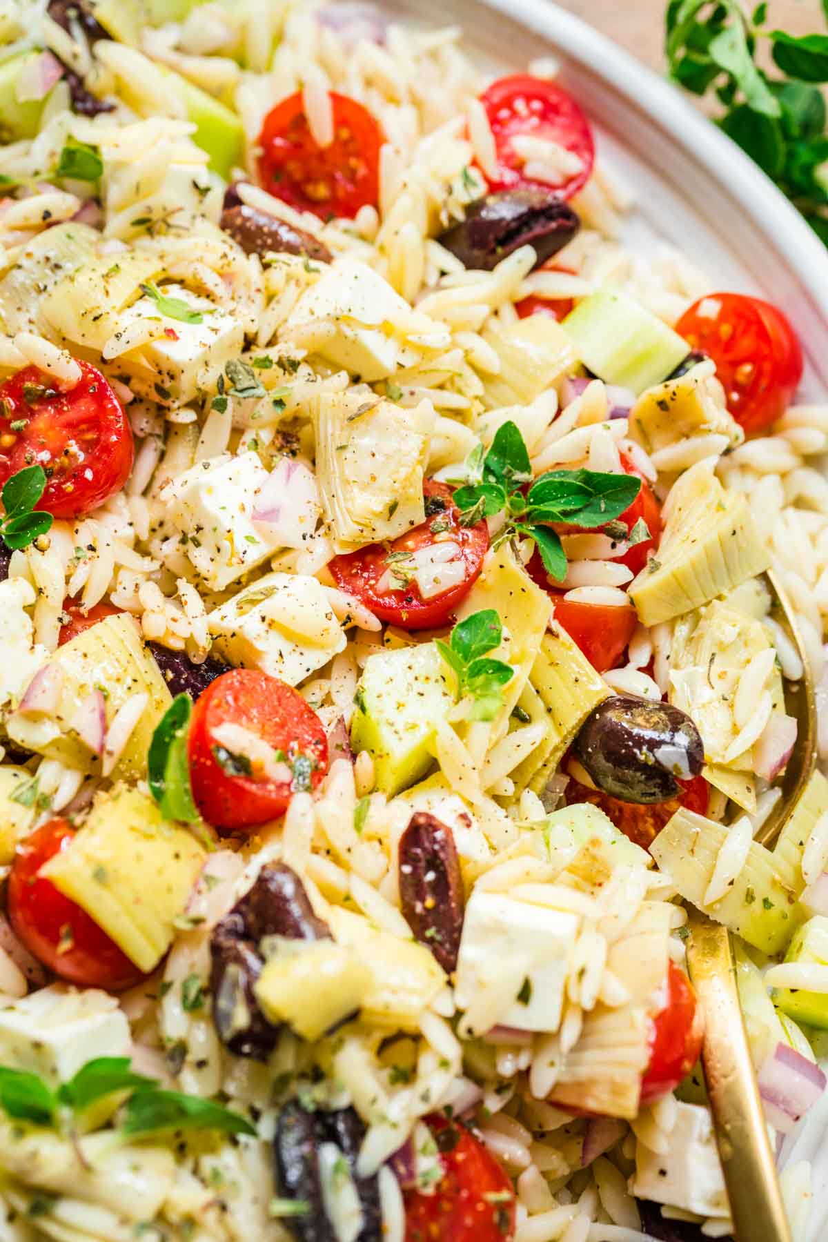 Greek Orzo Salad on serving platter