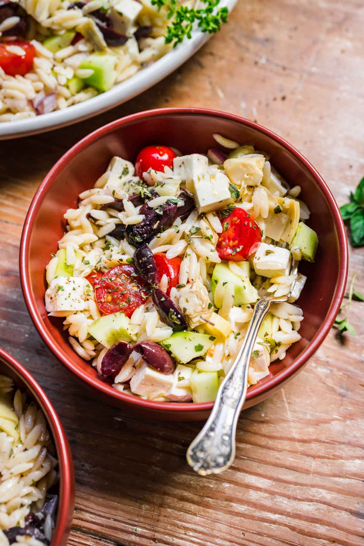Greek Orzo Salad in serving bowl