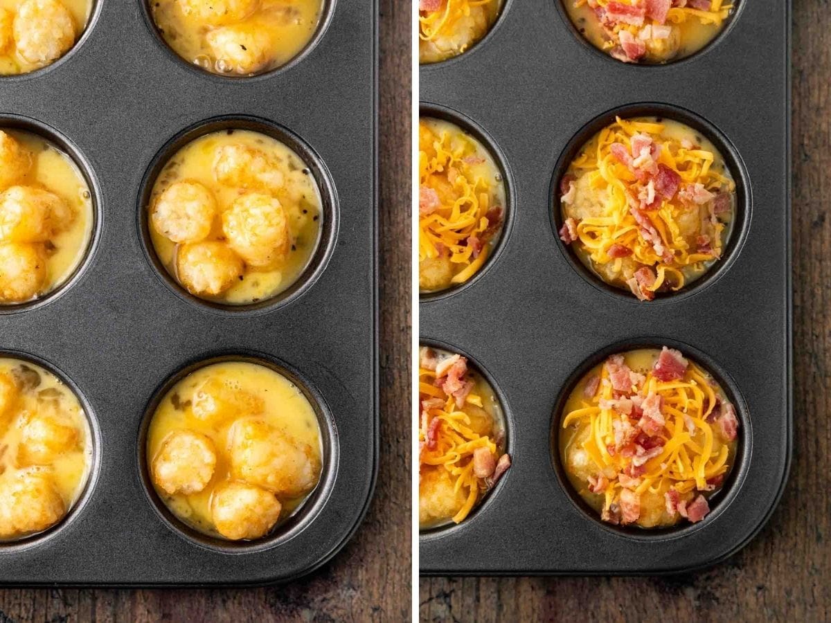 Hash Brown Egg Cups tater tots and egg mixture in muffin pan