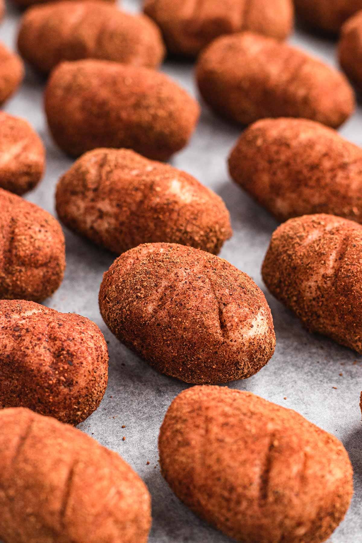 Irish Potato Candy rolled in cinnamon and shaped on baking sheet