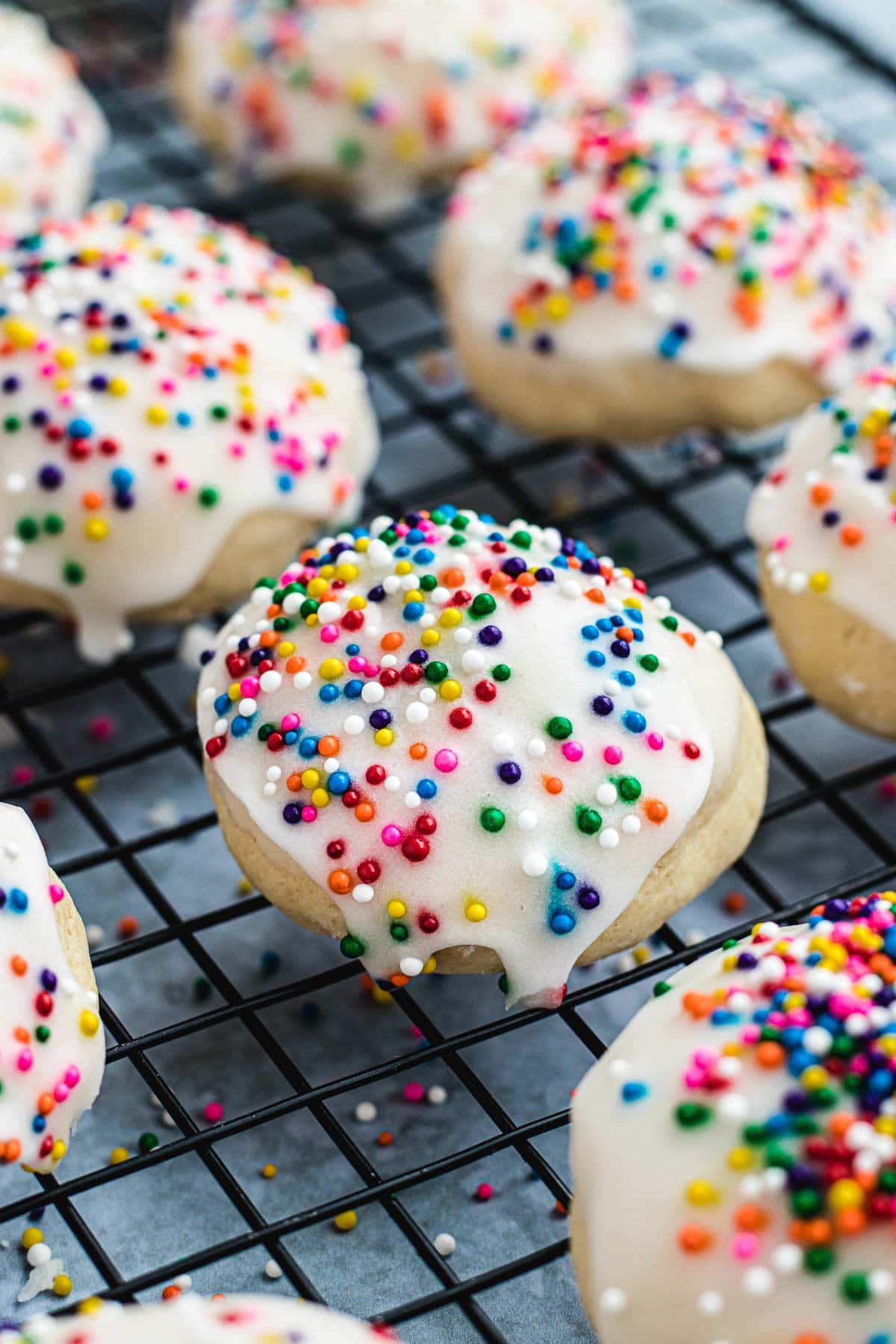 Italian Sprinkle Cookies closeup on cooling rack