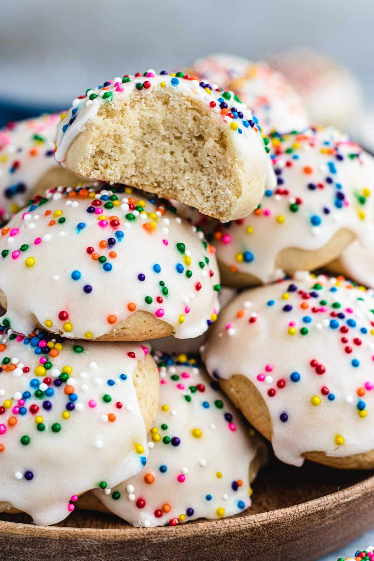 Italian Sprinkle Cookies on serving platter showing interior of cookie