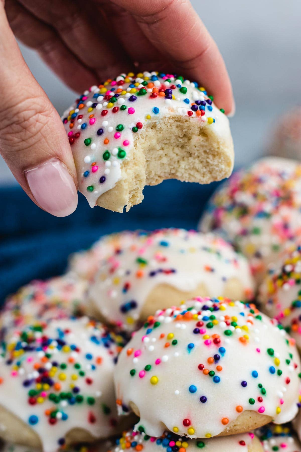 Italian Sprinkle Cookies in hand showing interior