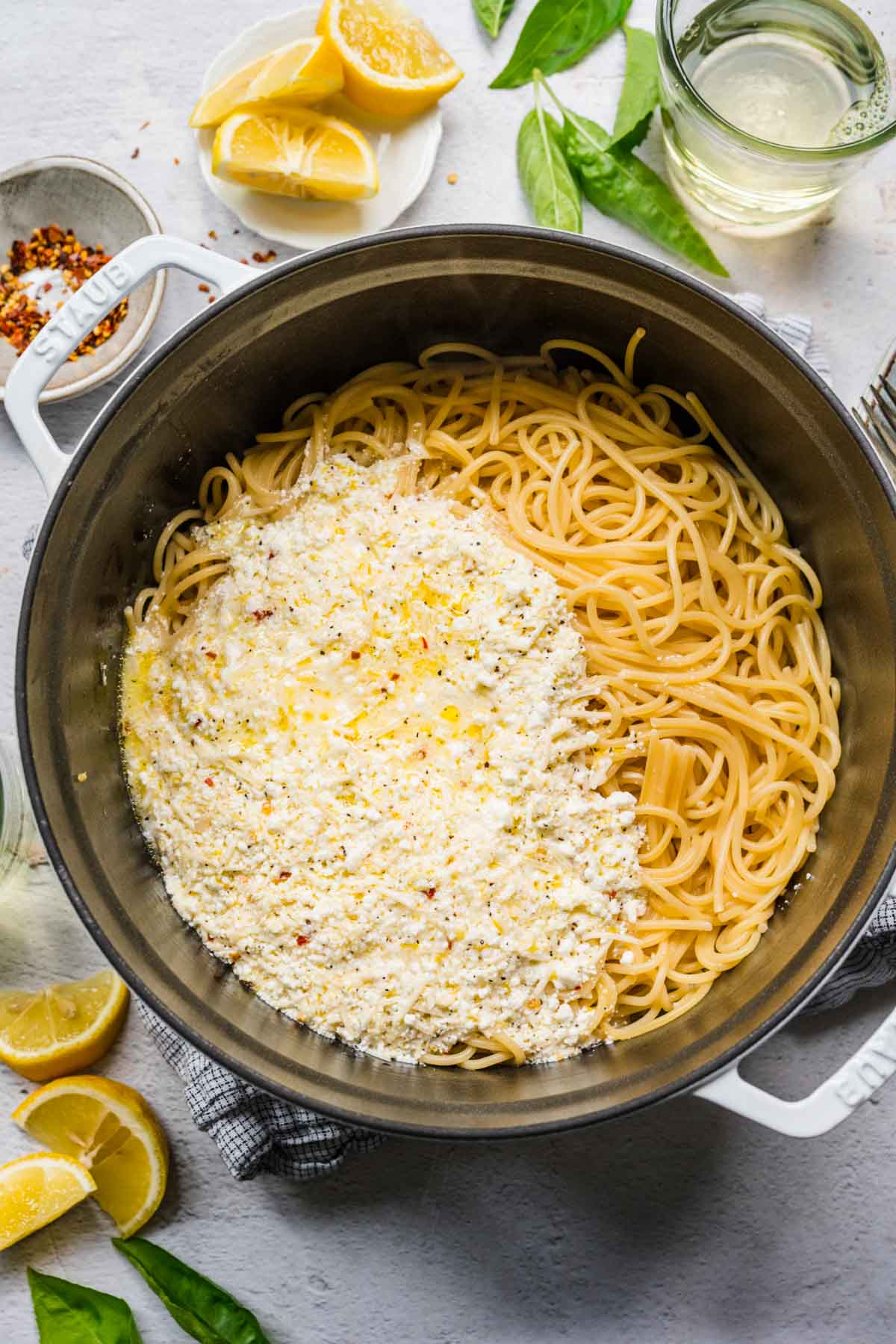 Lemon Ricotta Pasta cheese mixture added to cooked pasta