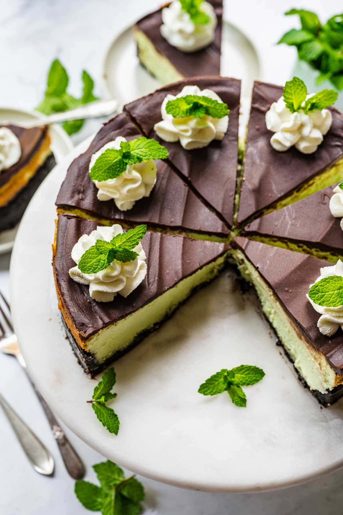Mint Chocolate Cheesecake sliced on cake stand