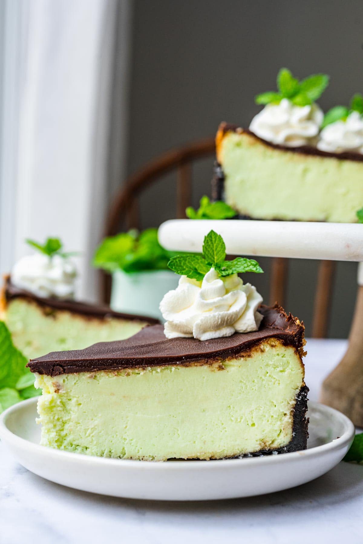 Mint Chocolate Cheesecake slice on serving plate