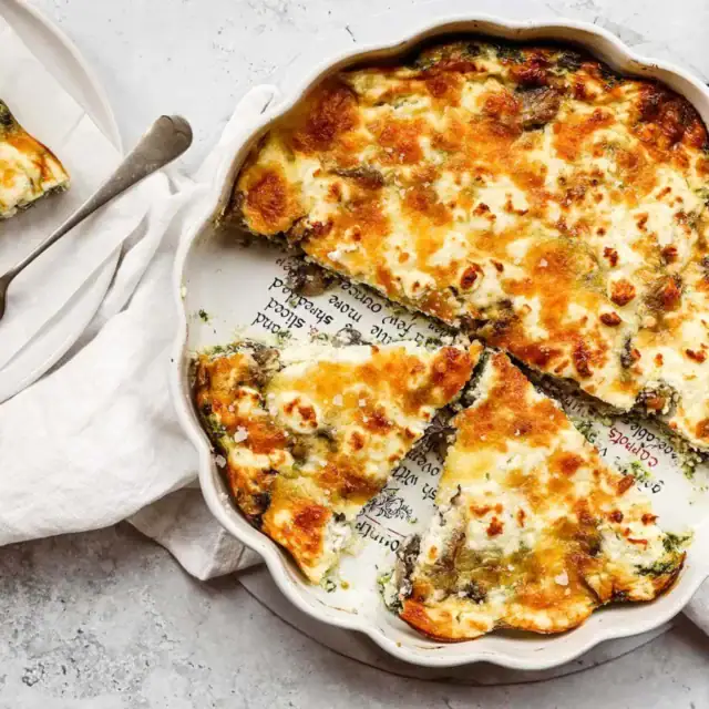 egg dish with mushroom and feta top down view