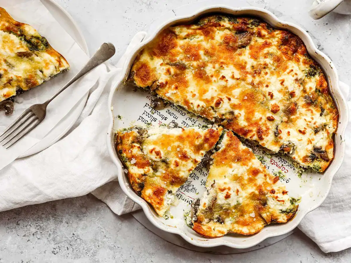 egg dish with mushroom and feta top down view