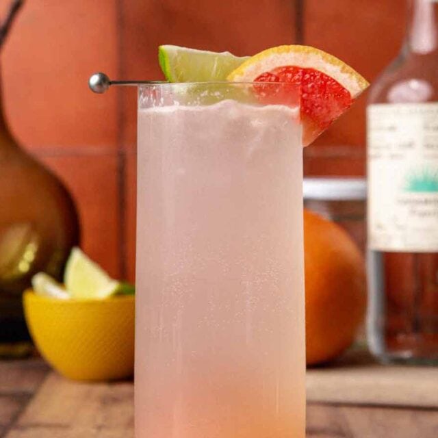Finished cocktail in collins glass with citrus slice garnish