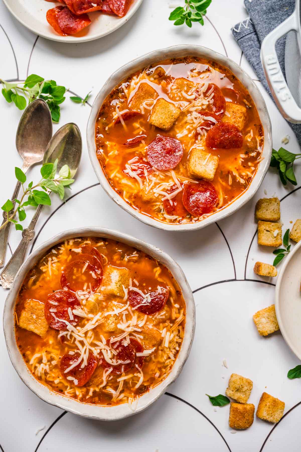 Pepperoni Pizza Soup in serving bowl