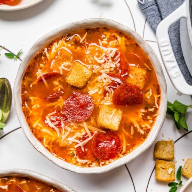 Pepperoni Pizza Soup in serving bowl 1x1