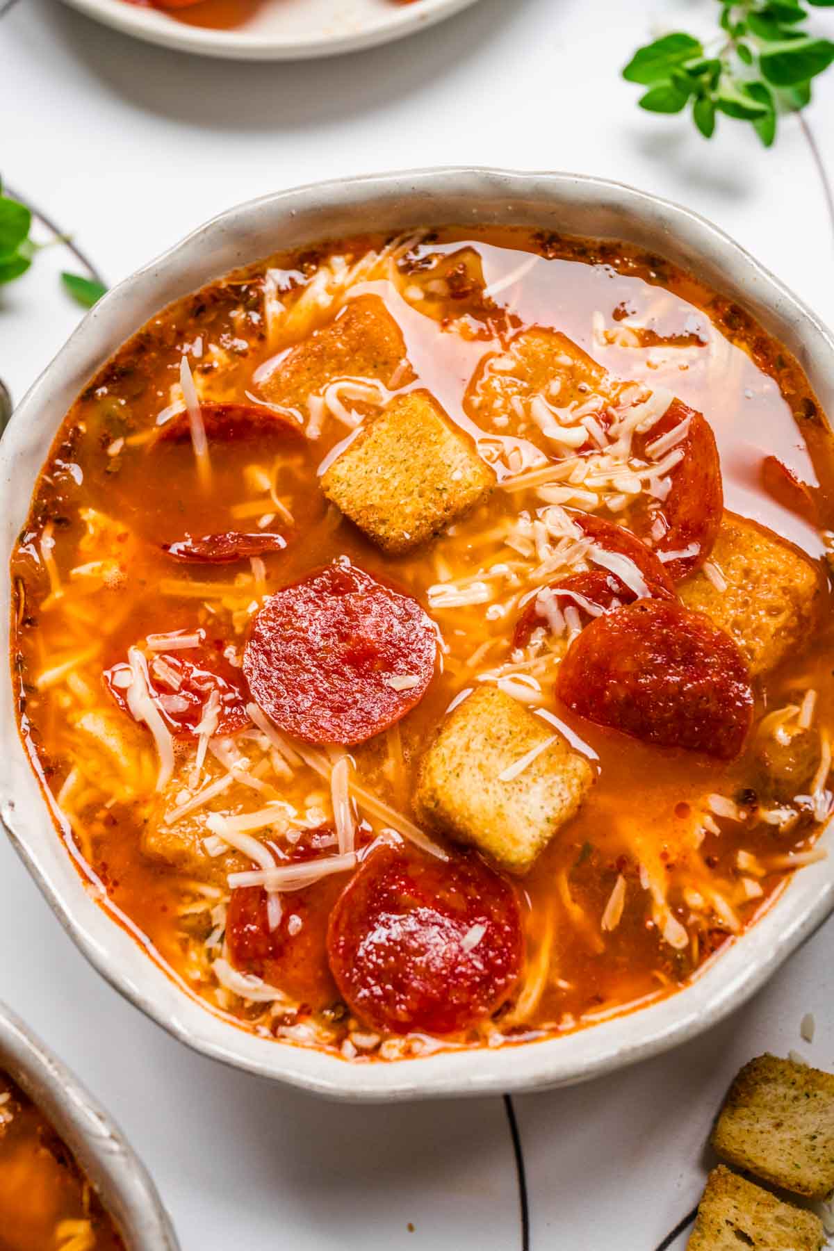 Pepperoni Pizza Soup in serving bowl
