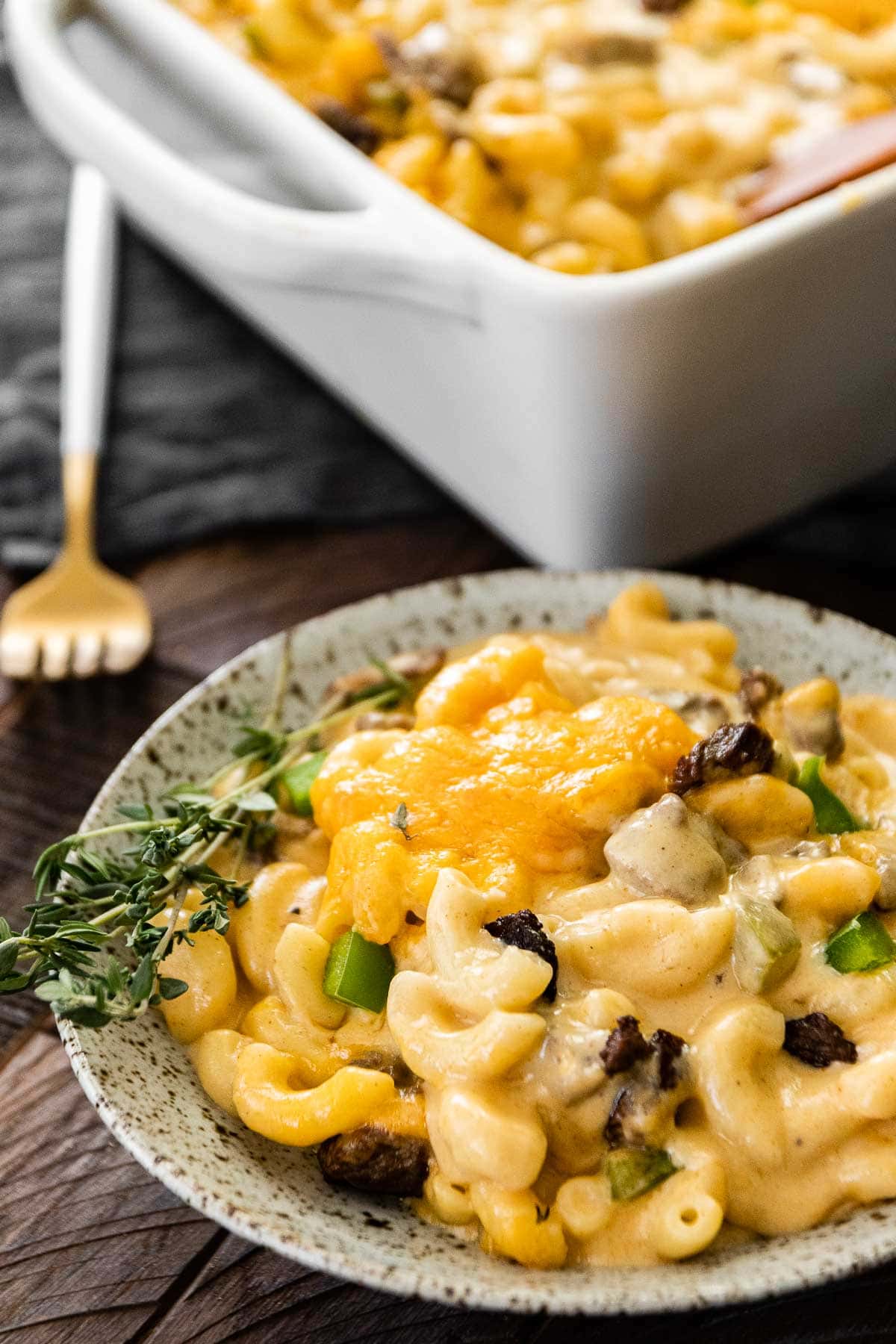 Philly Cheesesteak Mac and Cheese on serving plate