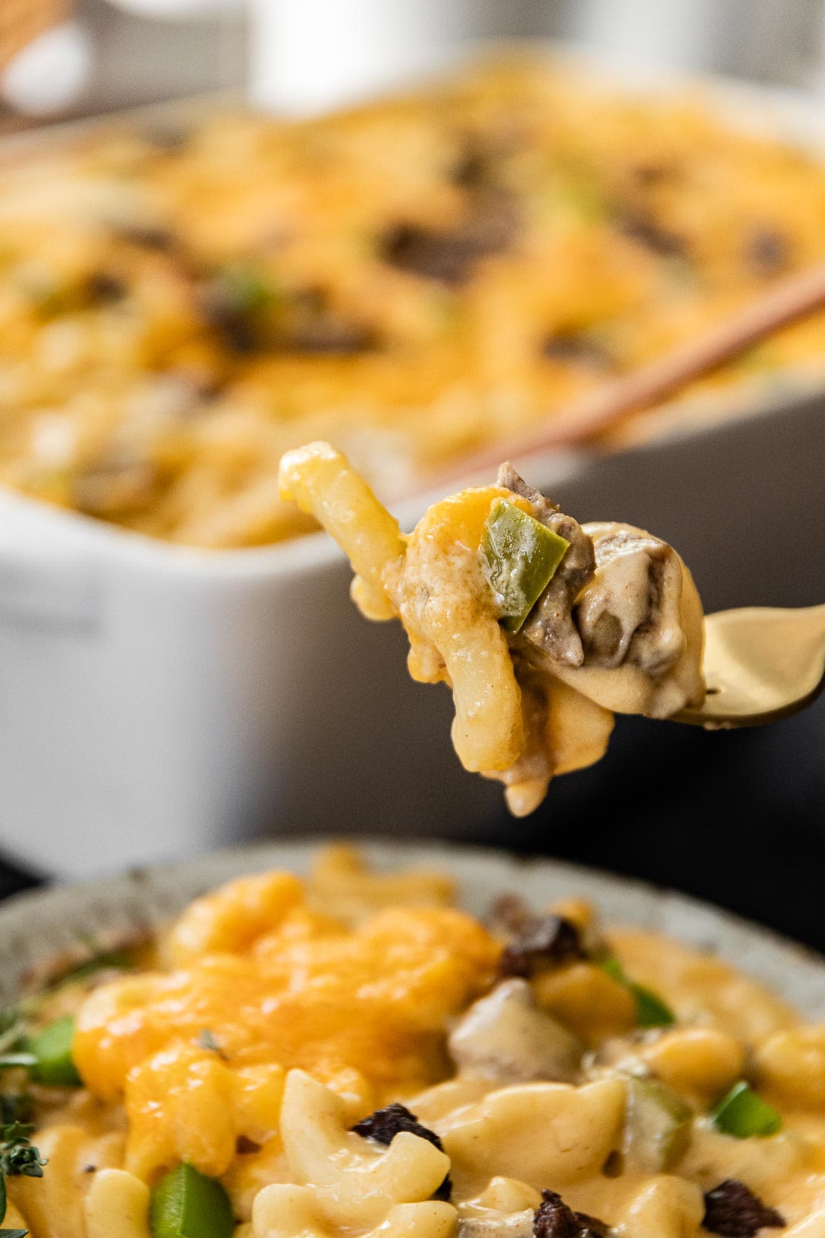 Philly Cheesesteak Mac and Cheese closeup on fork