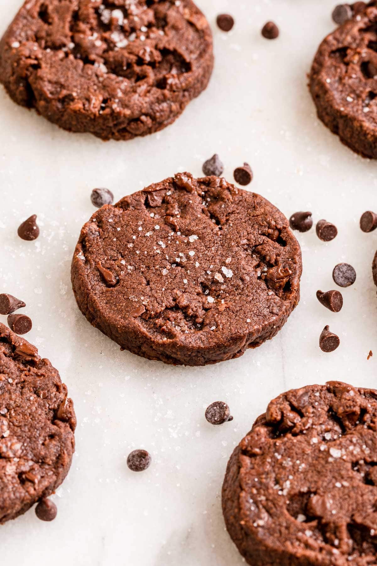 Salted Double Chocolate Shortbread Cookie spread on table with chocolate chips 