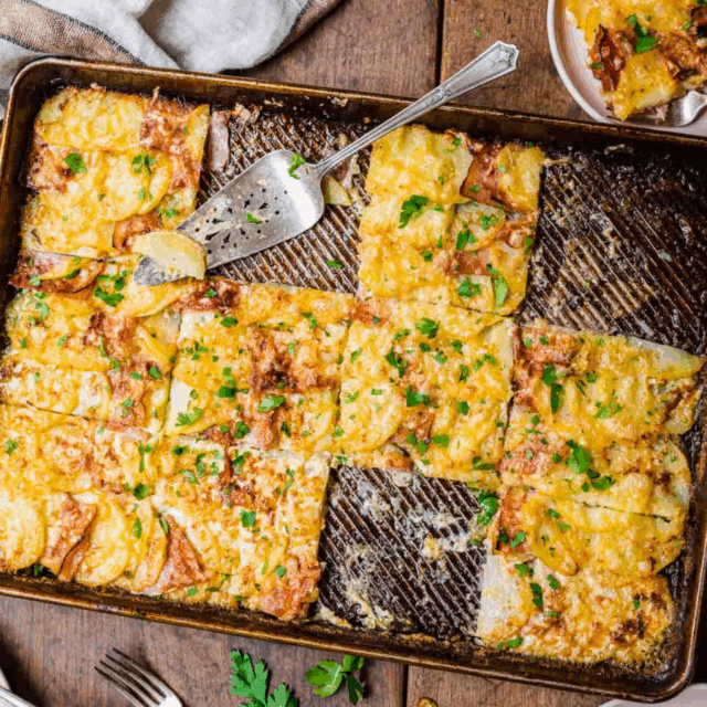 Aerial view of scalloped potatoes in pan, sliced and served
