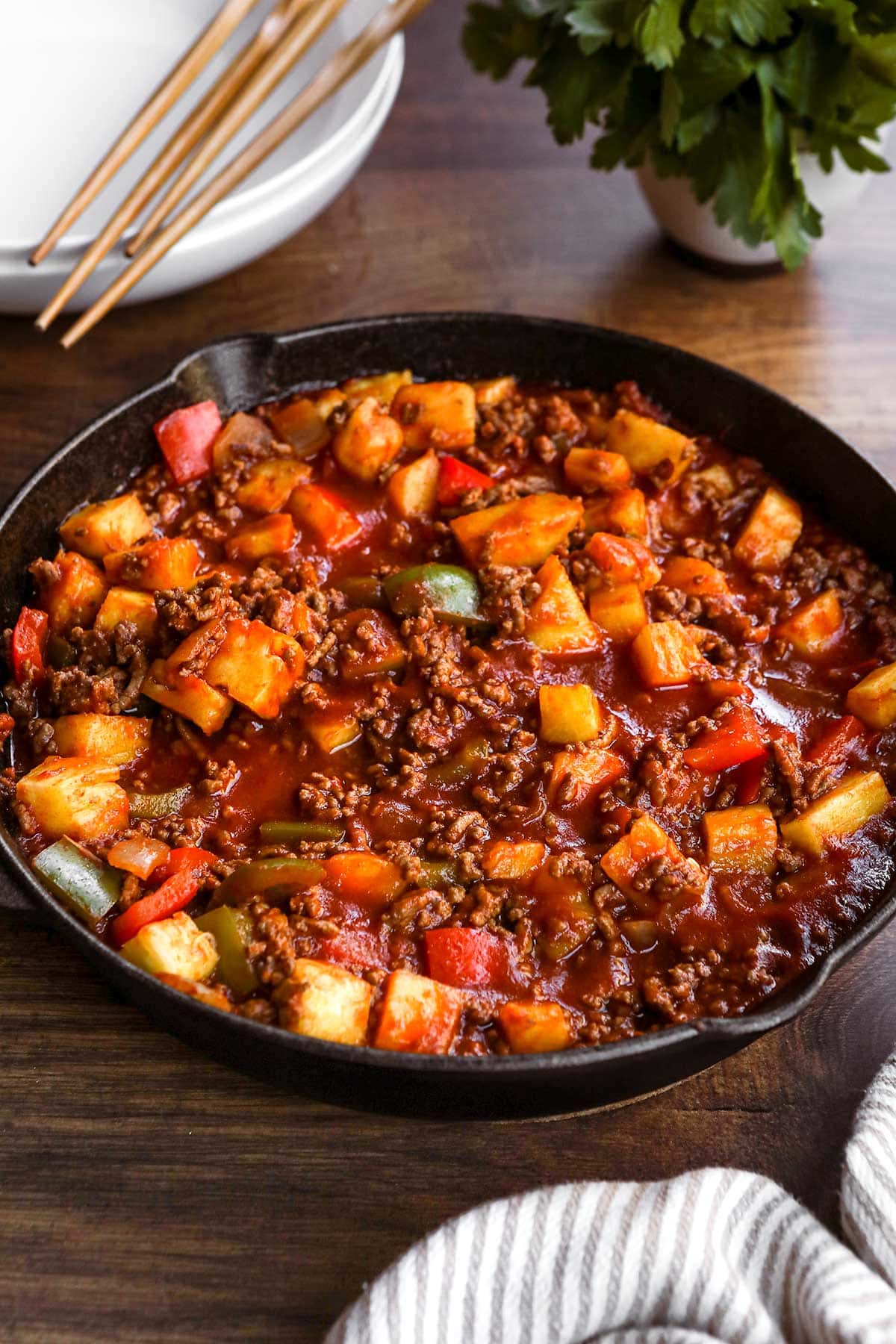 Sweet and Sour Ground Beef in skillet