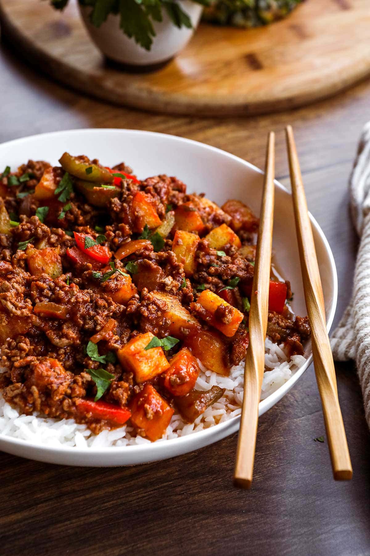 Sweet and Sour Ground Beef in serving bowl