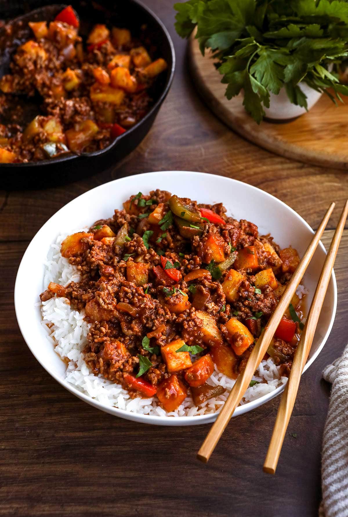 Sweet and Sour Ground Beef in serving bowl