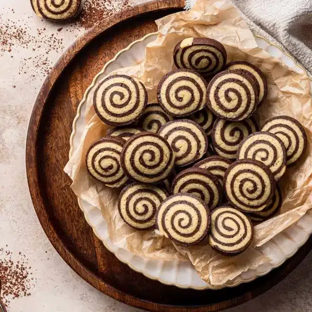 Plate of cookies with chocolate and vanilla swirl.