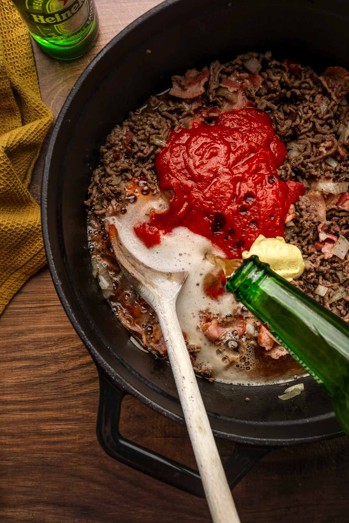 Bacon Beef Beer Stuffed Shells ingredients in cooking pan