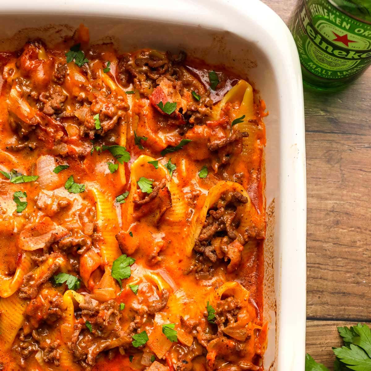 Bacon Beef Beer Stuffed Shells in baking dish 1x1