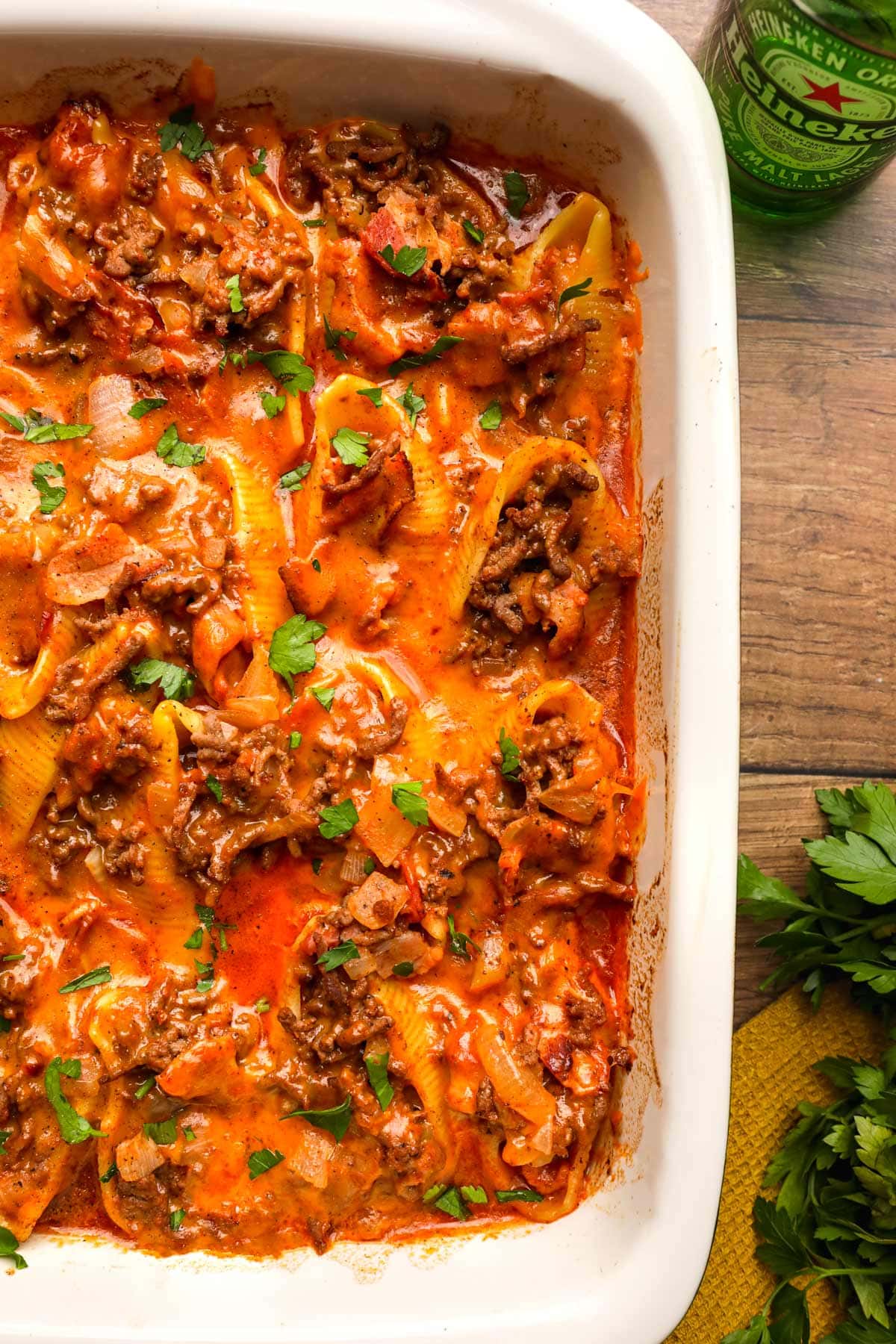 Bacon Beef Beer Stuffed Shells in baking dish