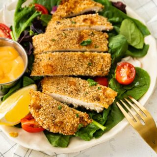 Baked Breaded Chicken sliced on serving plate1x1