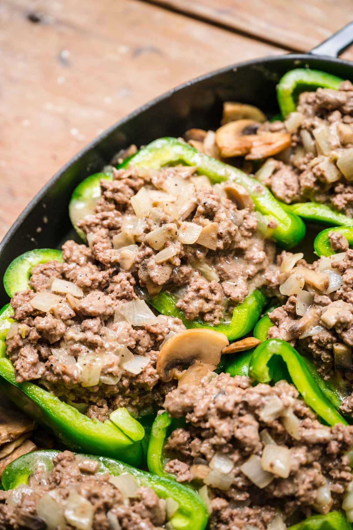 Beef Stroganoff Stuffed Peppers in cooking dish before baking