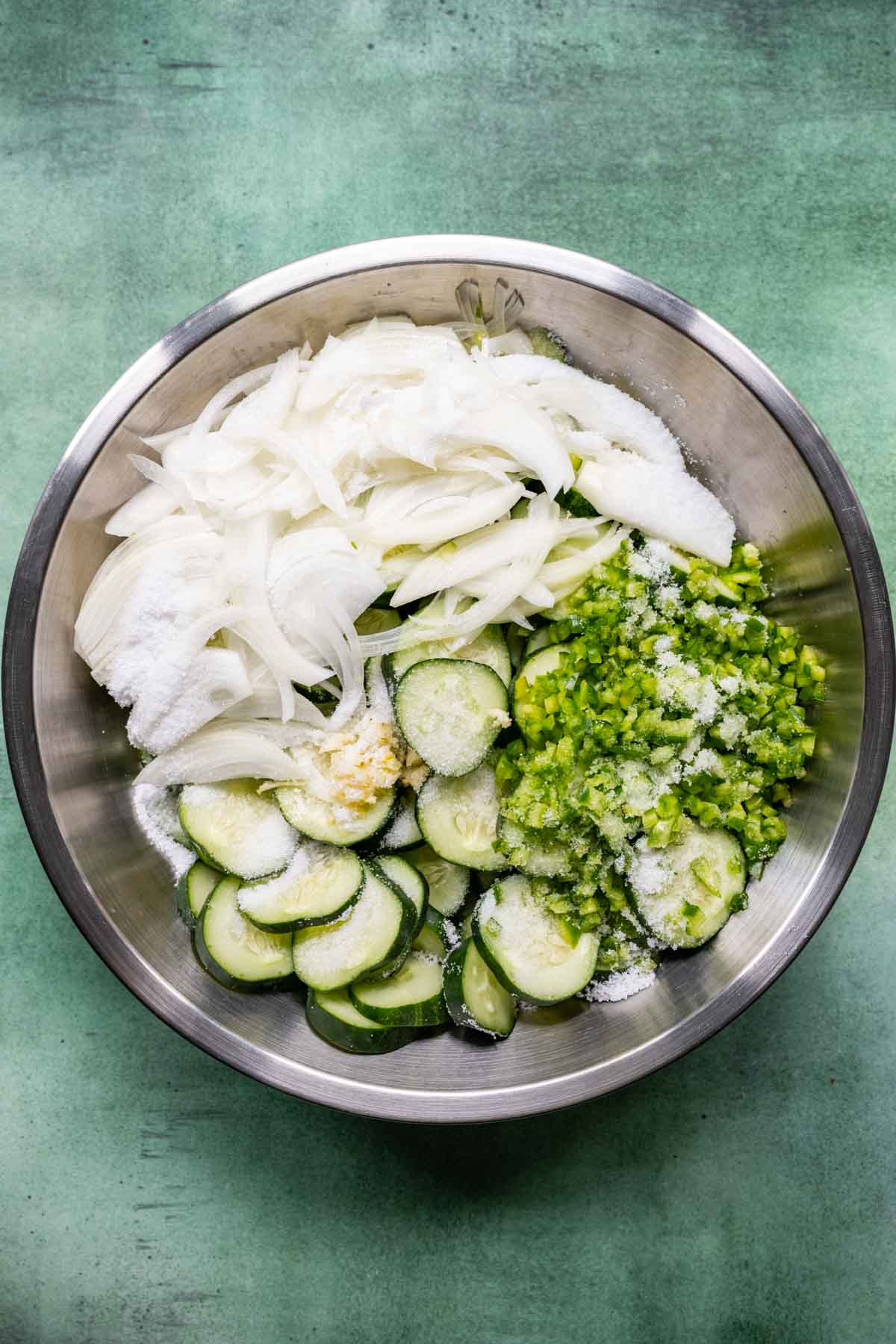 Bread and Butter Pickles ingredients in mixing bowl