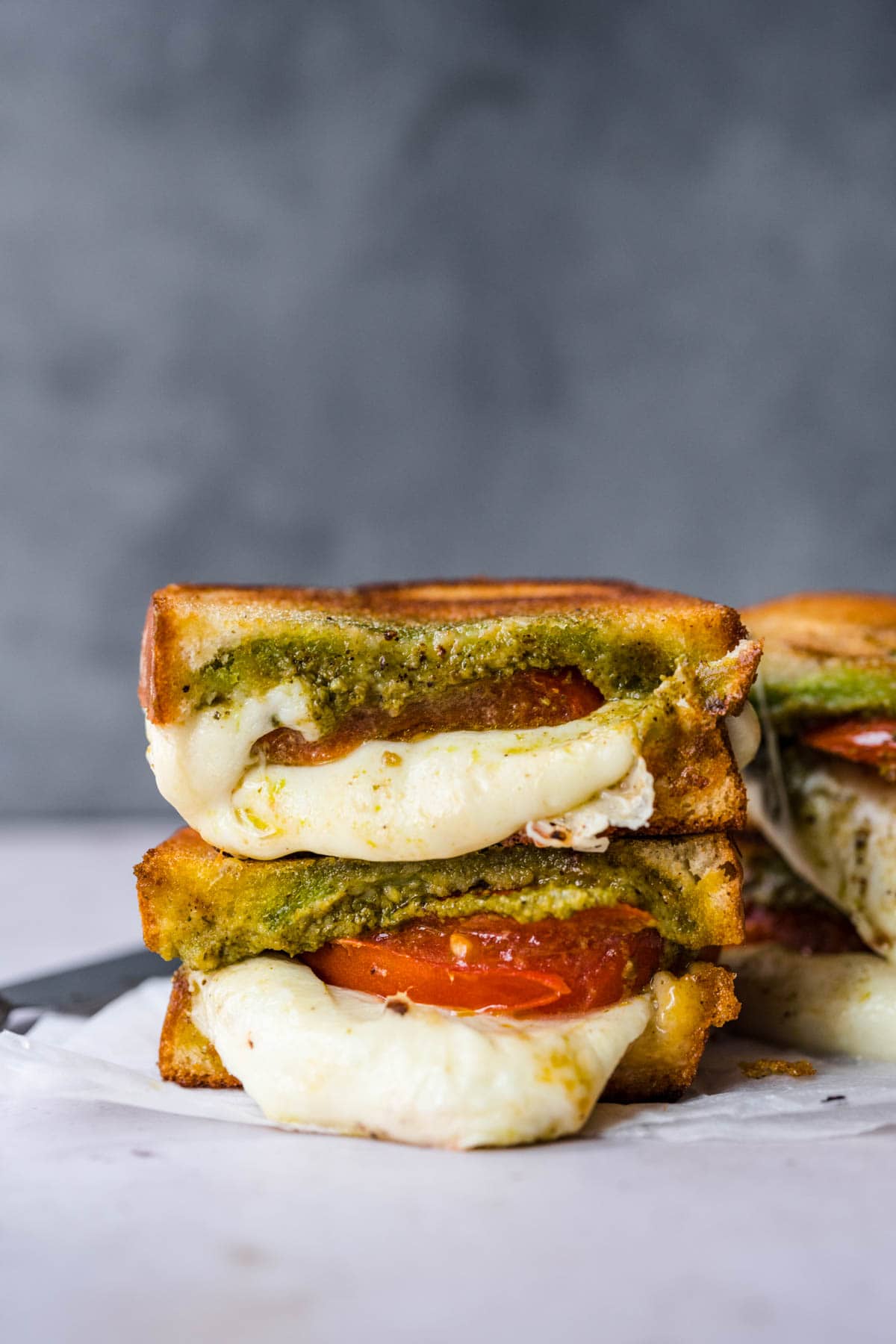 Caprese Grilled Cheese cut and stacked