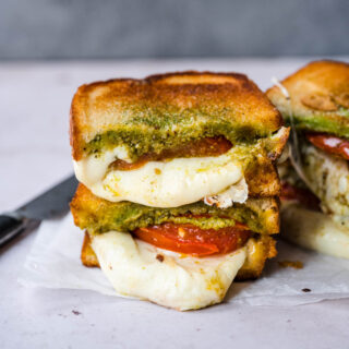 Caprese Grilled Cheese cut and stacked 1x1