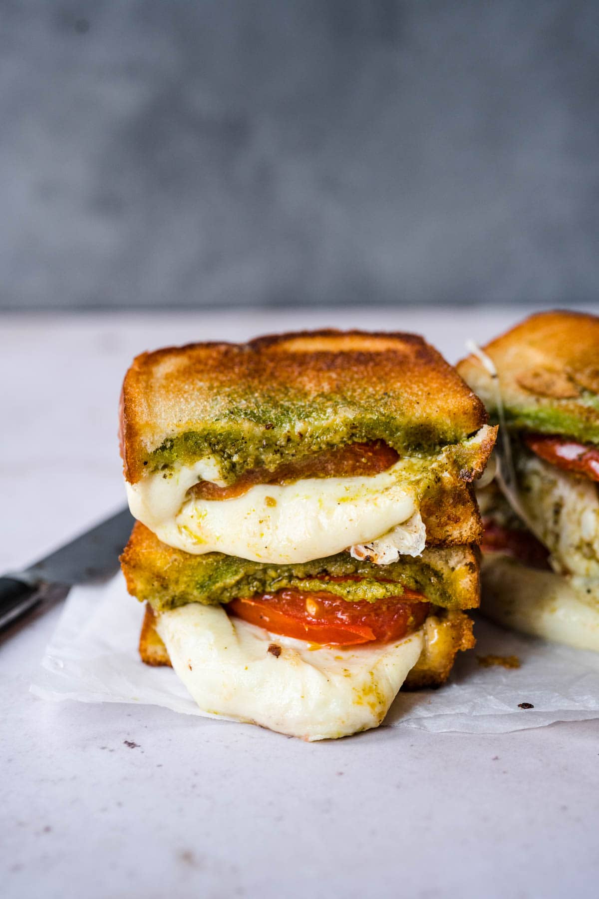 Caprese Grilled Cheese cut and stacked