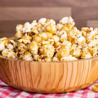 Popcorn in a wooden bowl ready to eat