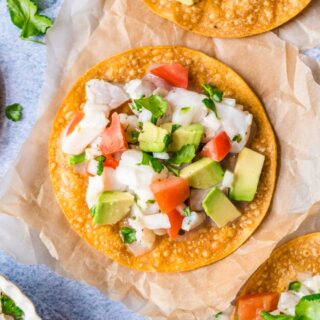 Prepared ceviche on crispy tostada shell
