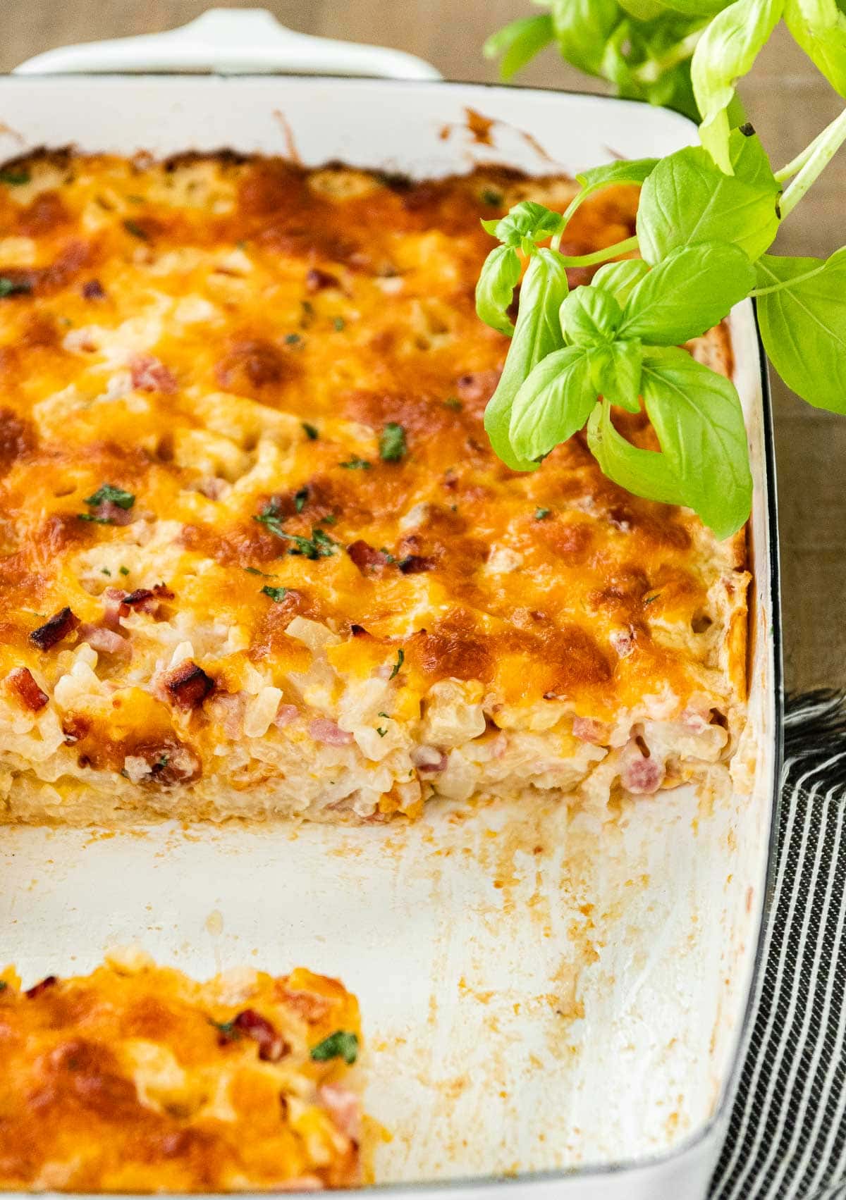 Cheesy Ham and Hash Brown Casserole in casserole dish